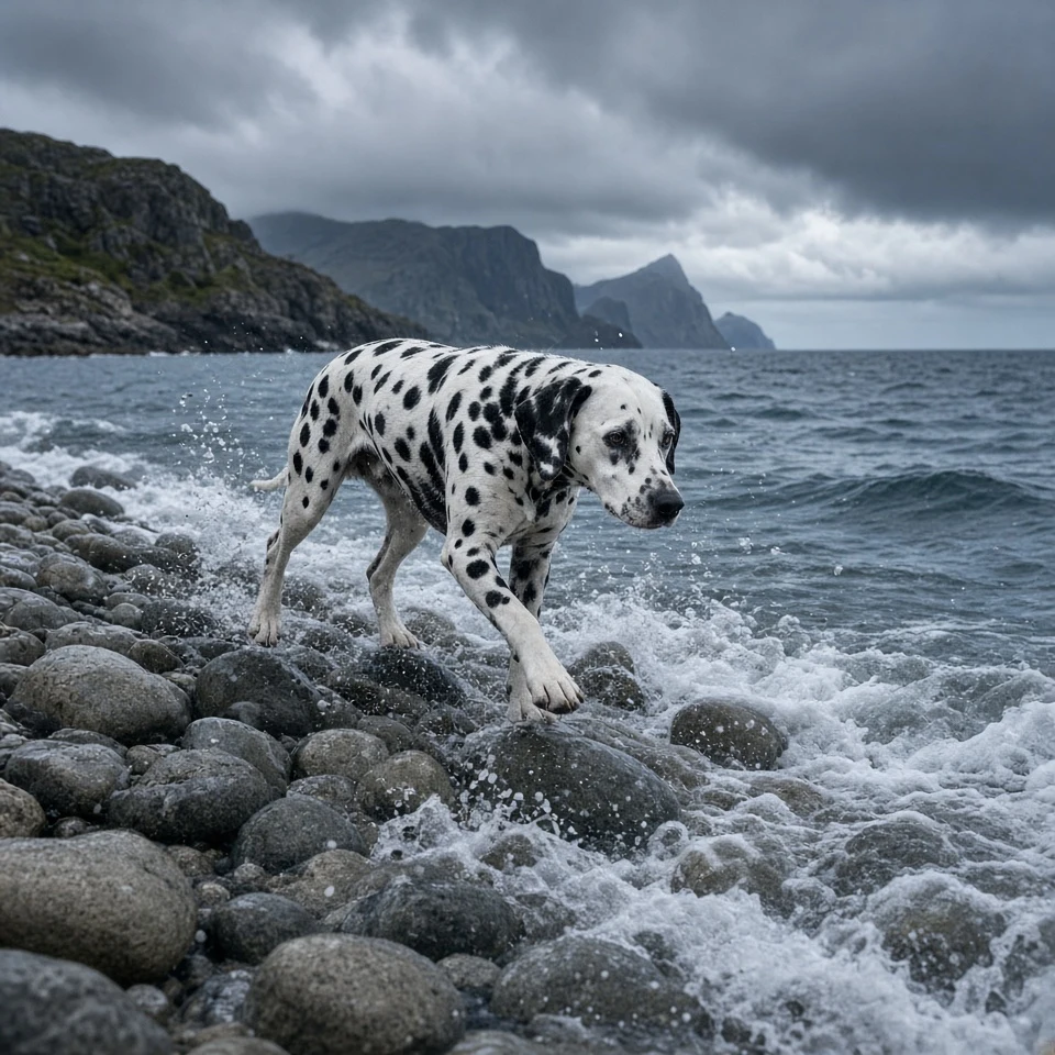 Dalmatian Navigating Nordic Coastal Pebble Beach