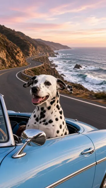 Dalmatian Riding in Vintage Convertible on Coastal Highway