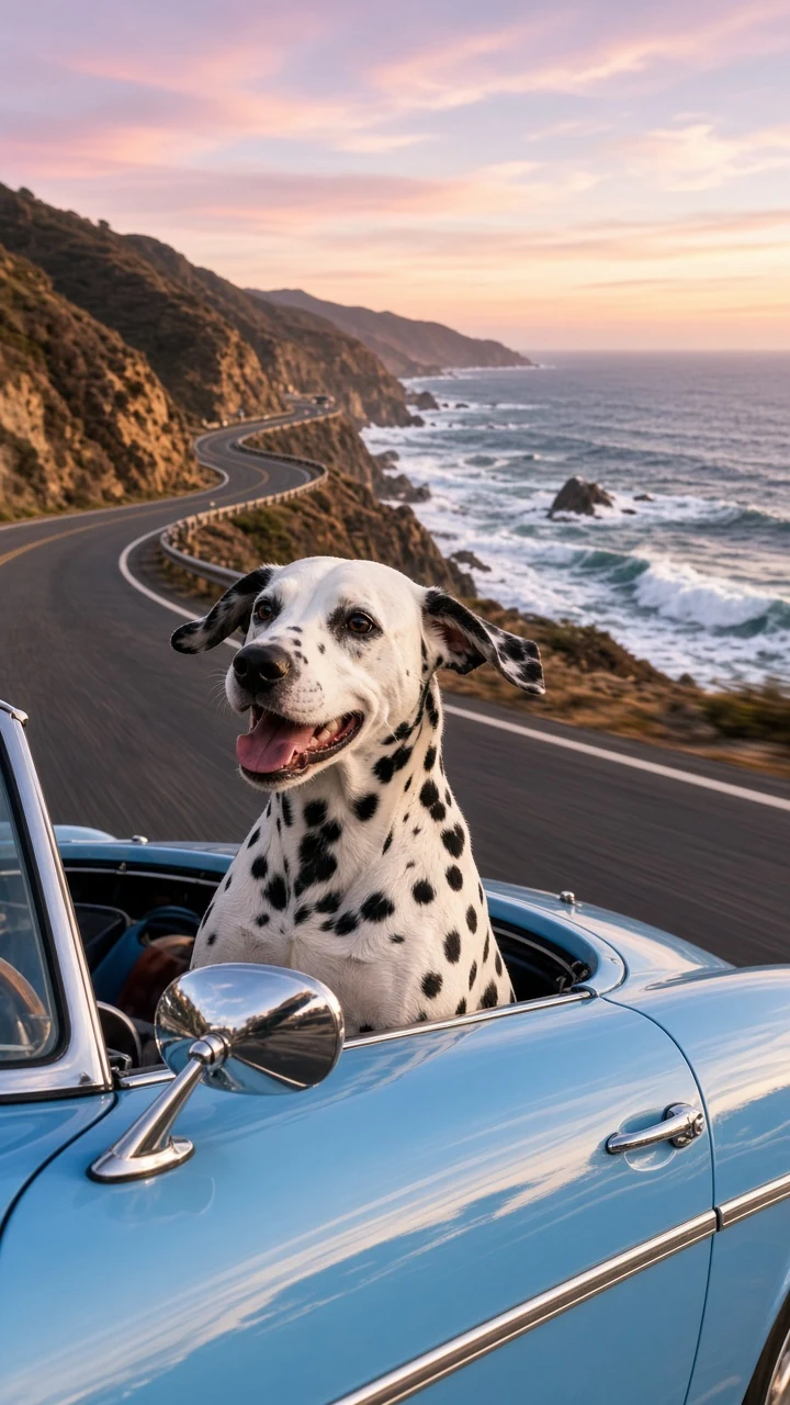 Dalmatian Riding in Vintage Convertible on Coastal Highway