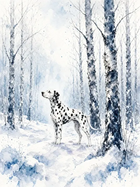 Watercolor Painting of Dalmatian in Winter Forest