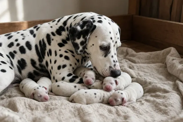 Dalmatian Mother with Spotted Puppies in Linen Whelping Box
