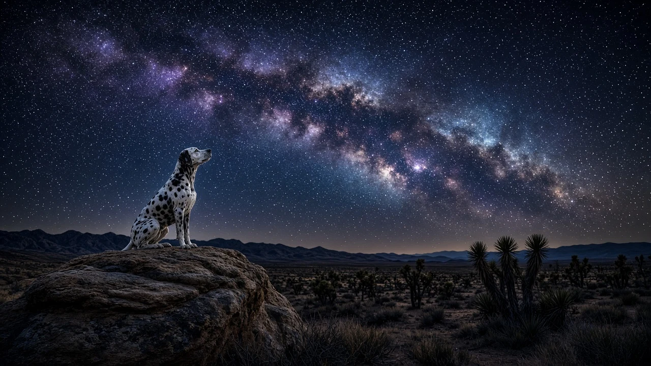 Dalmatian Staring at Vast Starry Desert Night