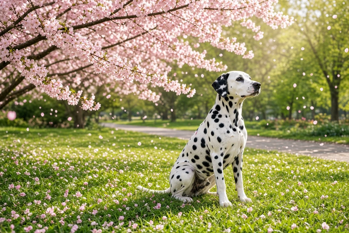 Dalmatian Portrait Under Blooming Pink Cherry Blossoms
