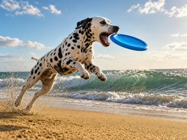 Dalmatian Leaping to Catch Frisbee Over Sandy Beach
