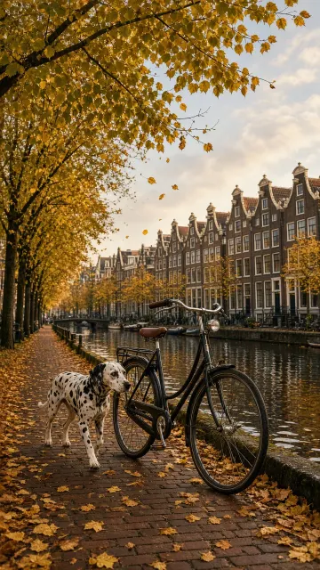 Dalmatian Companion Beside Bicycle on Autumn Canal Path