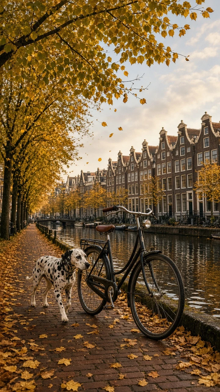 Dalmatian Companion Beside Bicycle on Autumn Canal Path