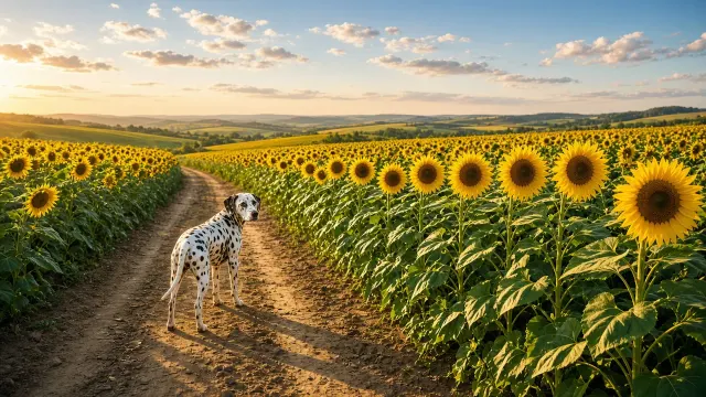 Dalmatian Strolling Through Field of Yellow Sunflowers