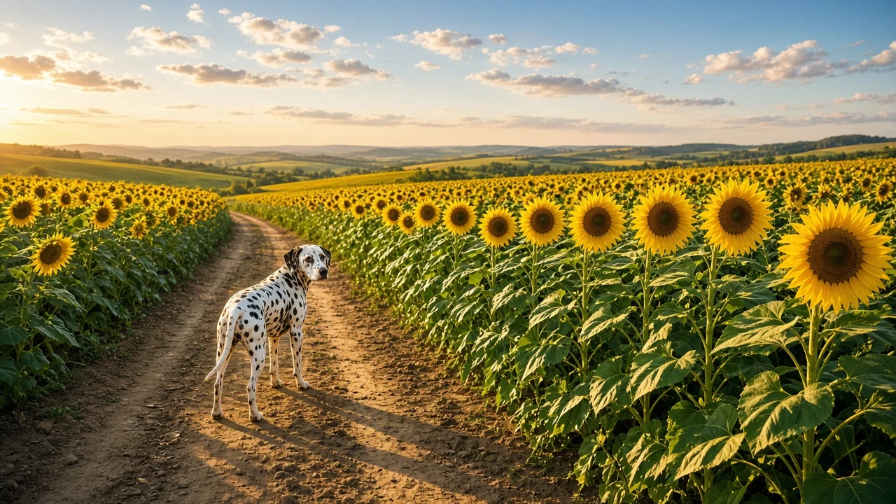 Dalmatian Strolling Through Field of Yellow Sunflowers