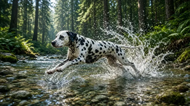 Dalmatian Running Through Forest Stream Splashing Water