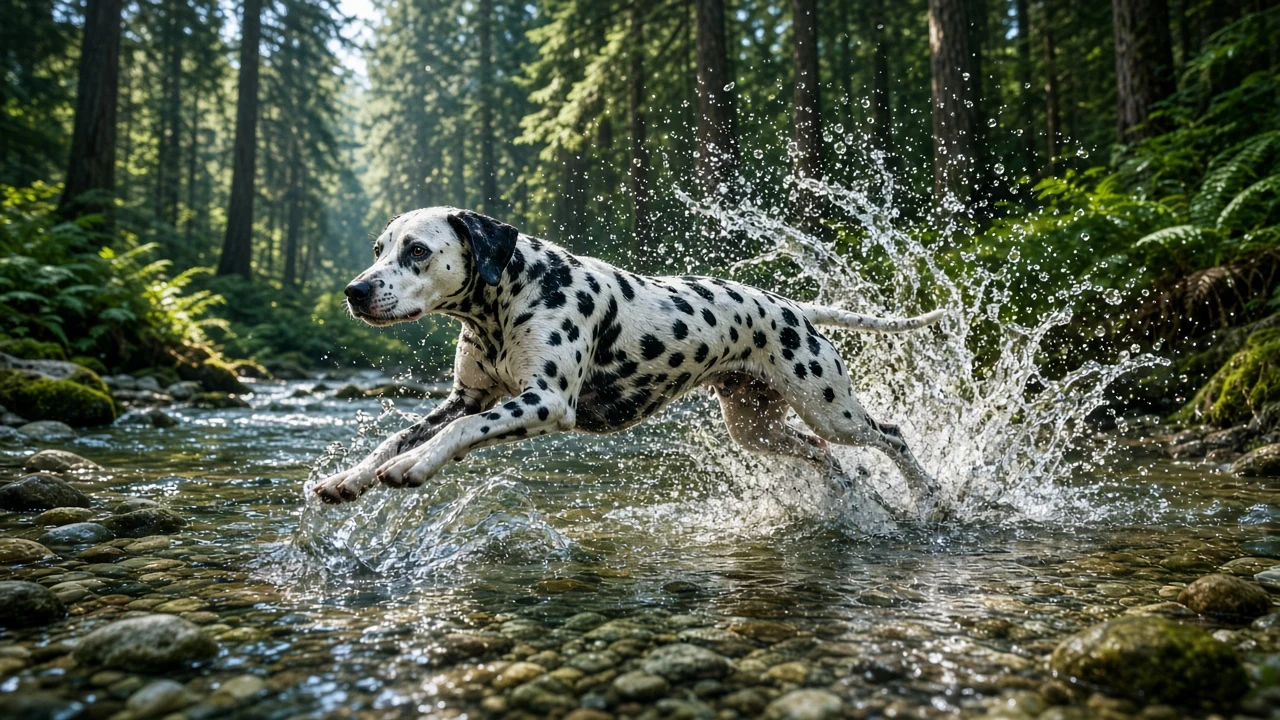 Dalmatian Running Through Forest Stream Splashing Water