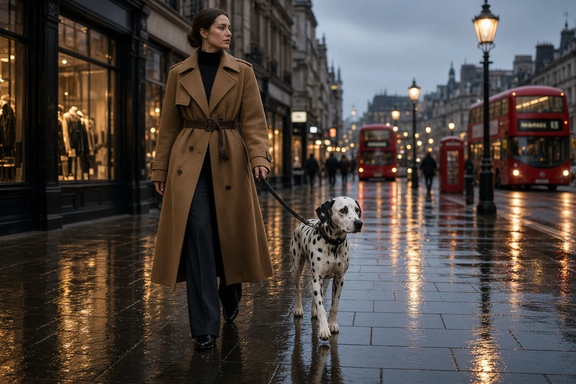 Fashion Editorial Dalmatian Beside Trench-Coated Model