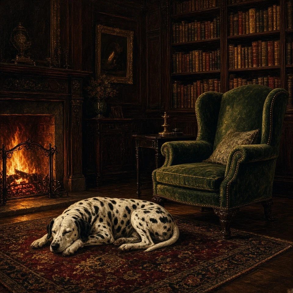 Oil Painting of Dalmatian by Fireside in English Library