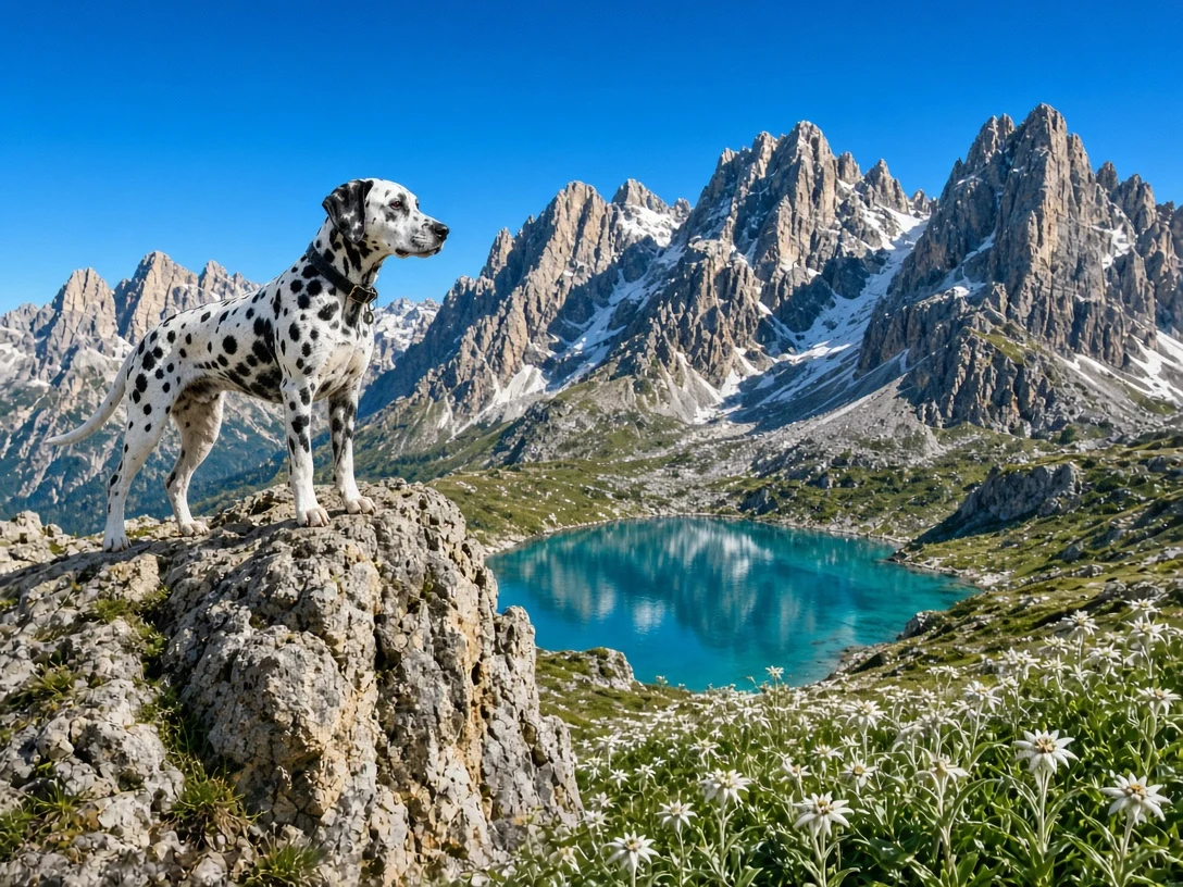 Dalmatian on Rocky Alpine Ridge Overlooking Mountain Lake