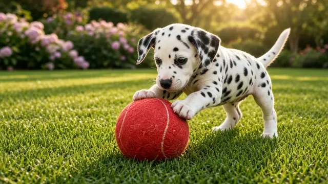 Playful Dalmatian Puppy with Oversized Red Tennis Ball