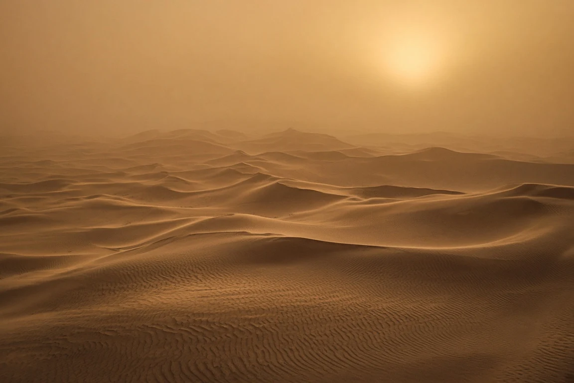 Taklamakan Shifting Sand Sea in Post-Storm Suspended Dust Glow