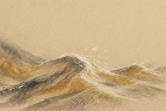 Sumi-e Mineral Wash Dune Ripples and Atmospheric Negative Space