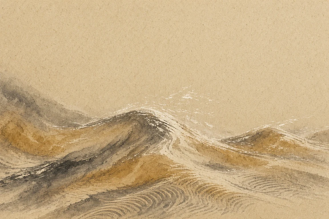 Sumi-e Mineral Wash Dune Ripples and Atmospheric Negative Space