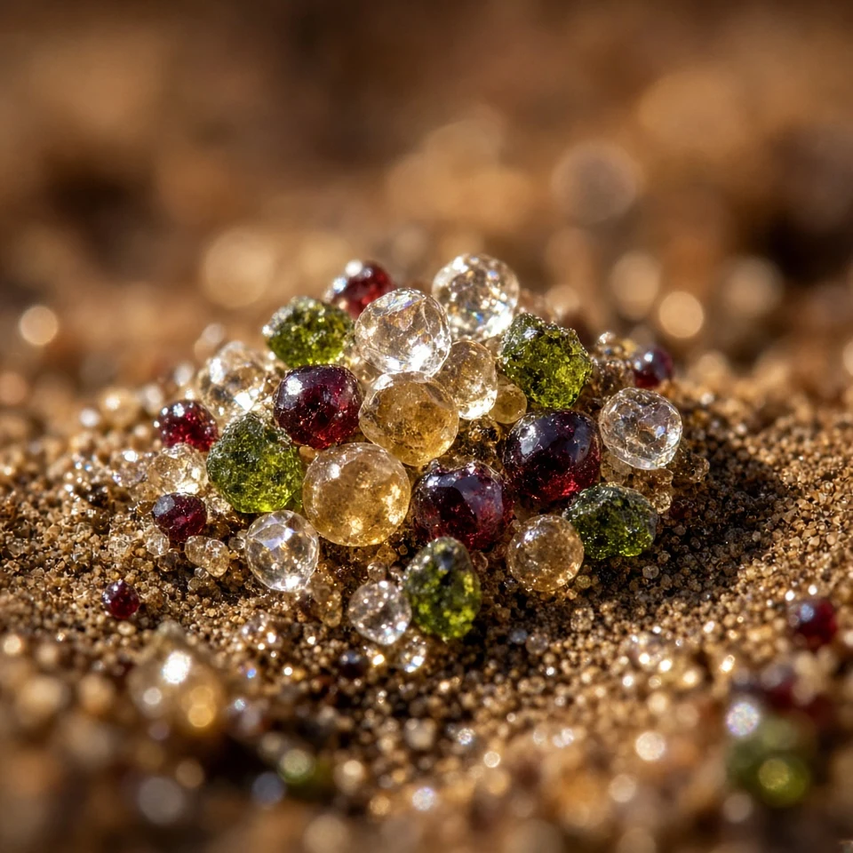 Extreme Macro Study of Polished Quartz, Olivine, and Garnet Sand