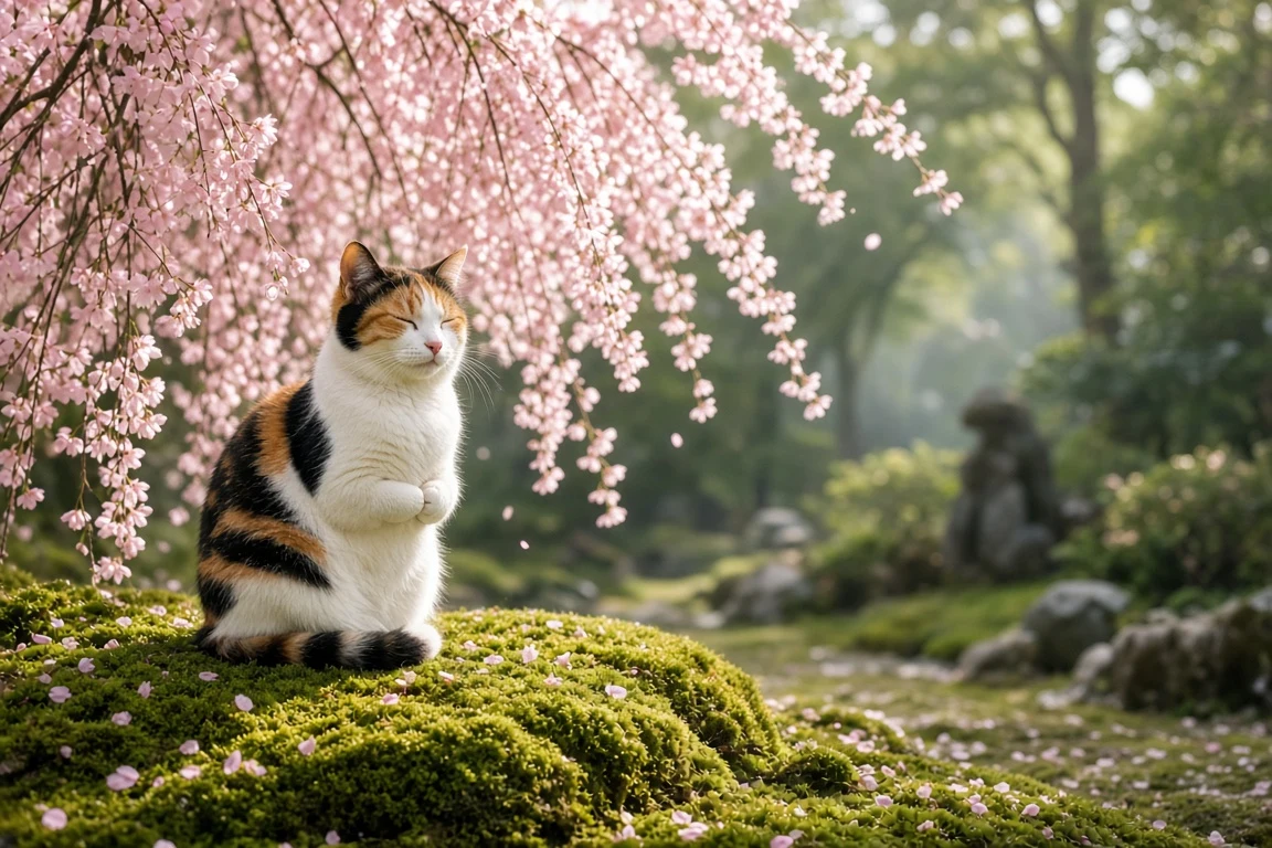 Calico Zen Master on Velvety Moss Cushion Under Weeping Sakura