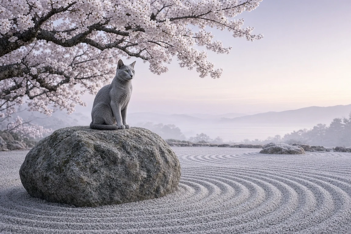 Russian Blue Meditation on Raked Courtyard Granite at Dawn