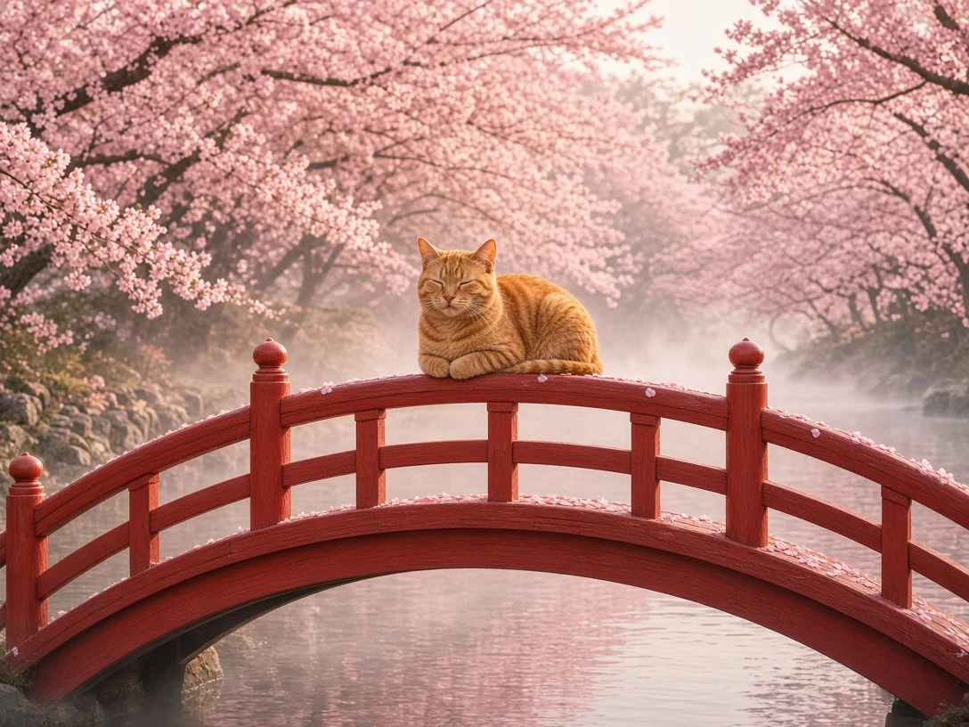 Ginger Tabby Serenity at the Crest of a Vermilion Shrine Bridge
