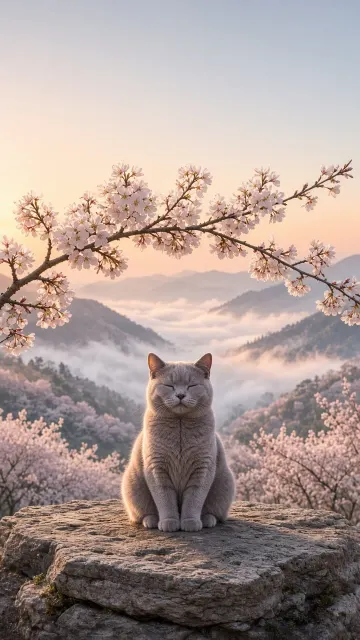 British Shorthair Mountain Solitude Overlooking Misty Sakura Valley