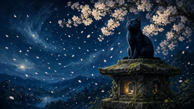 Midnight Sakura Meditation in Luminous Ethereal Brushwork