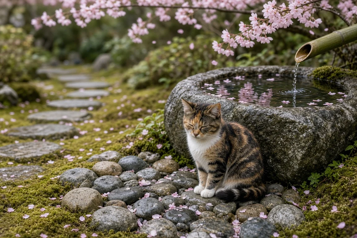 Japanese Bobtail Beside a Tsukubai Basin Floating with Petals
