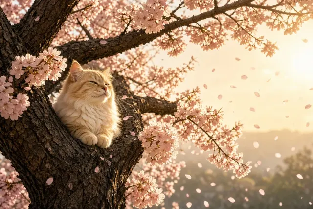 Golden Hour Bough Meditation of a Longhaired Fluffy Tabby