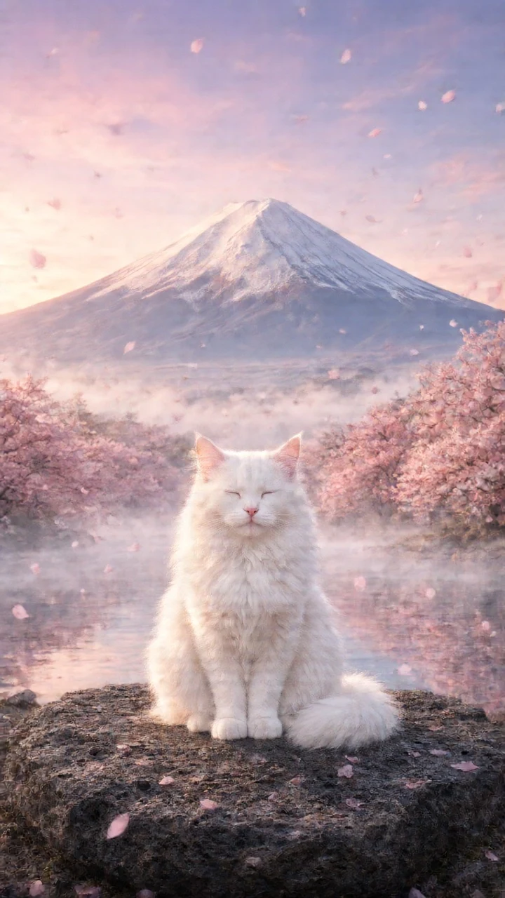 White Angora Mount Fuji Panorama at Cherry Bloom Sunrise