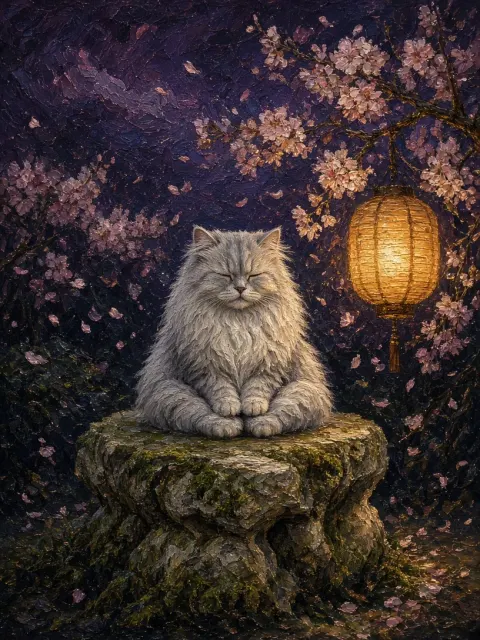 Twilight Lantern Chiaroscuro with Silver Persian on Garden Pedestal