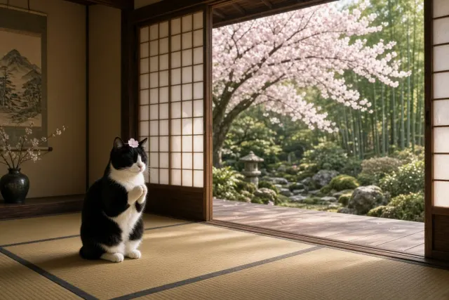 Tuxedo Cat Anjali Mudra on Tatami Beside Shoji Blossom Garden