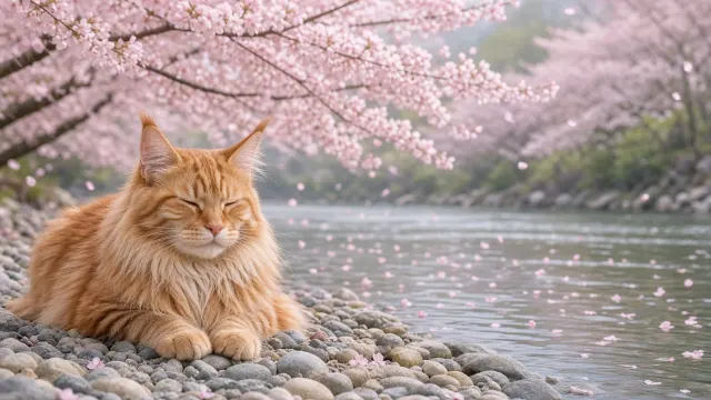 Maine Coon Riverbank Stillness with Airy Blossom Canopy