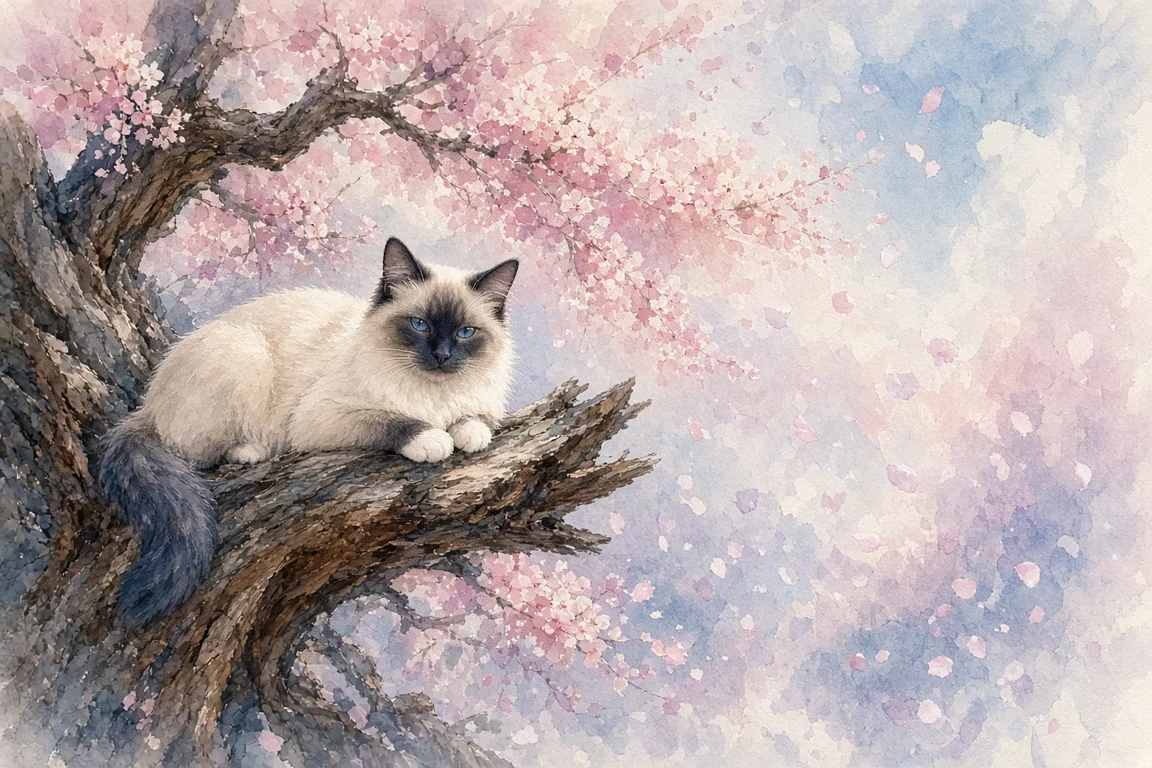 Pastel Watercolor Bloom with Meditating Blue Point Birman