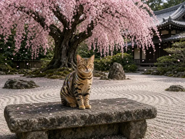 Bengal Cat in Raked Stone Temple Sanctuary Under Ancient Sakura