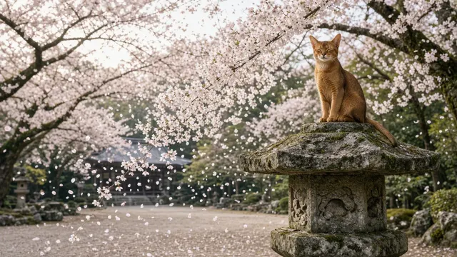 Abyssinian Perched on Weathered Stone Lantern Amid Falling Petals