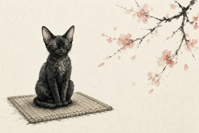 Minimalist Sumi-e Ink Wash of a Meditating Charcoal Devon Rex