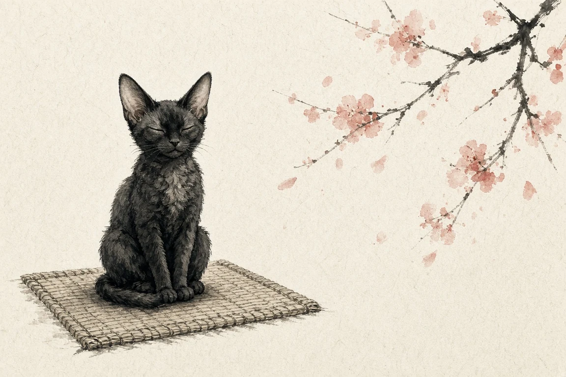 Minimalist Sumi-e Ink Wash of a Meditating Charcoal Devon Rex