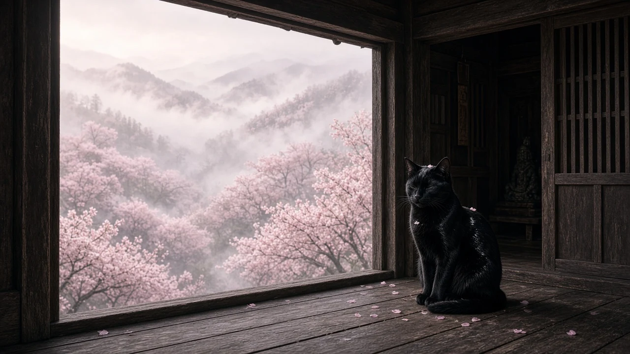 Golden-Eyed Bombay Cat at the Mossy Temple Threshold