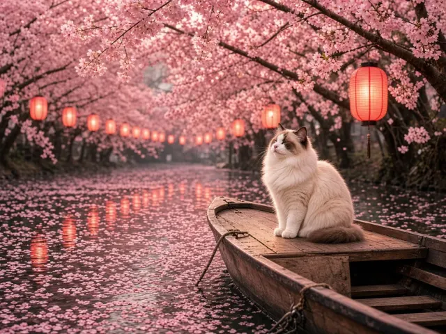 Twilight Canal Boat Reverie with Cream Ragdoll and Floating Lanterns