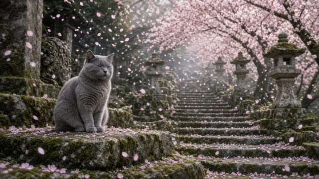 Chartreux Petal Shower on Ancient Shrine Stone Steps