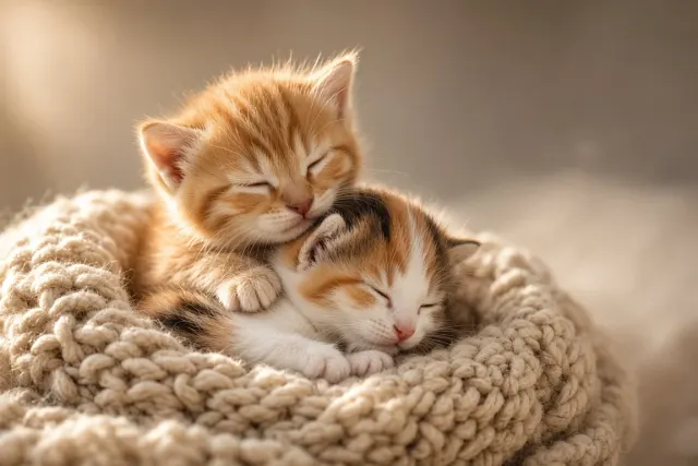 Sunlit Woolen Basket Slumber of Ginger and Calico Siblings