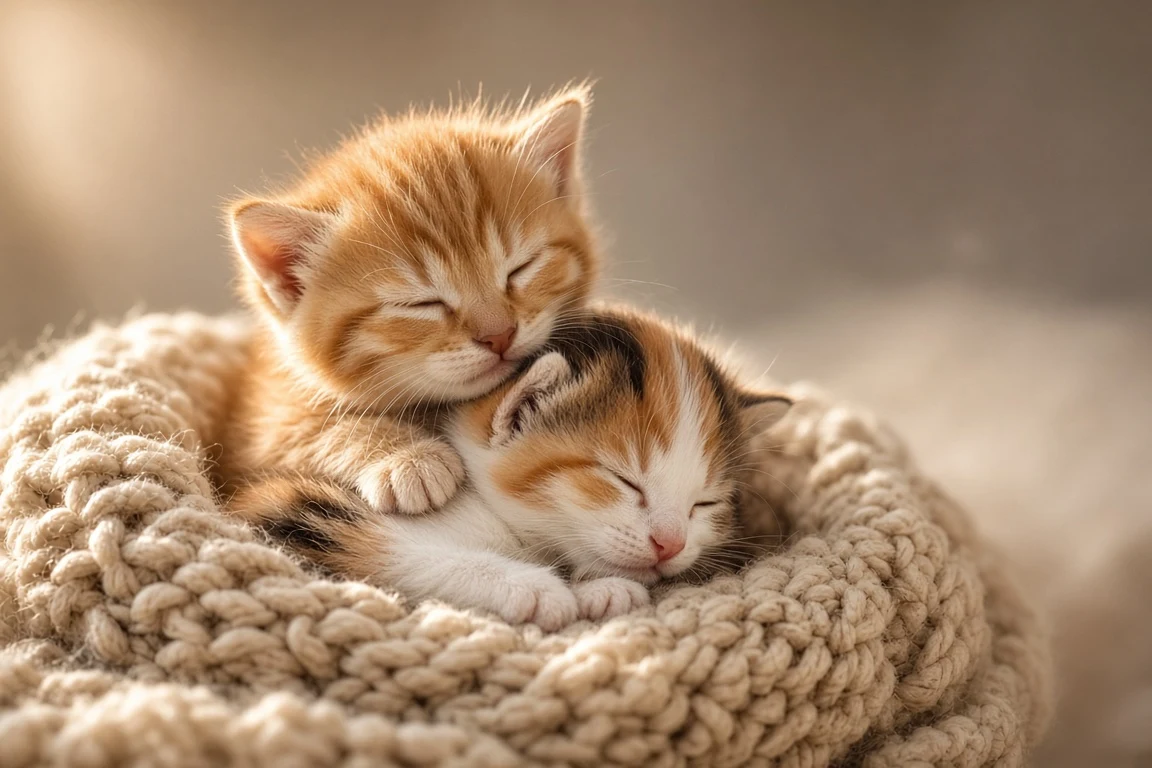 Sunlit Woolen Basket Slumber of Ginger and Calico Siblings