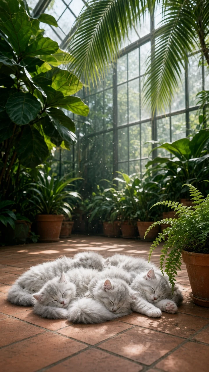Sun-Drenched Conservatory Nap Surrounded by Tropical Houseplants