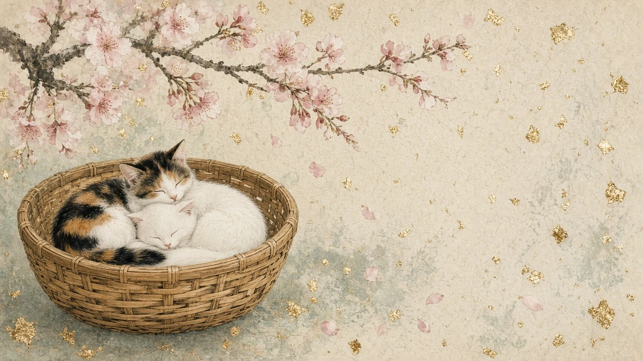 Delicate Nihonga Style Cherry Blossom Nesting Kittens