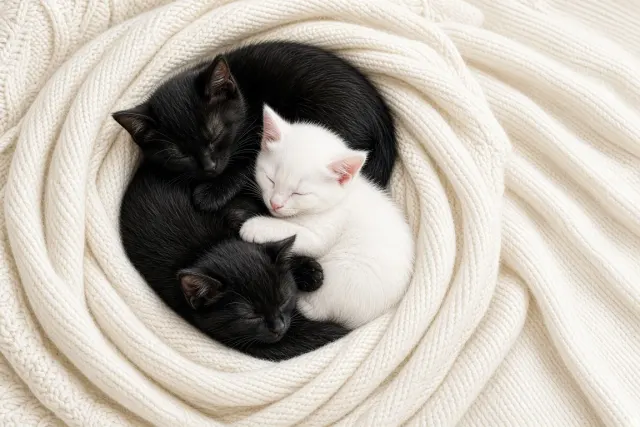 Harmonious Yin-Yang Flat Lay of Monochrome Kittens in Cashmere