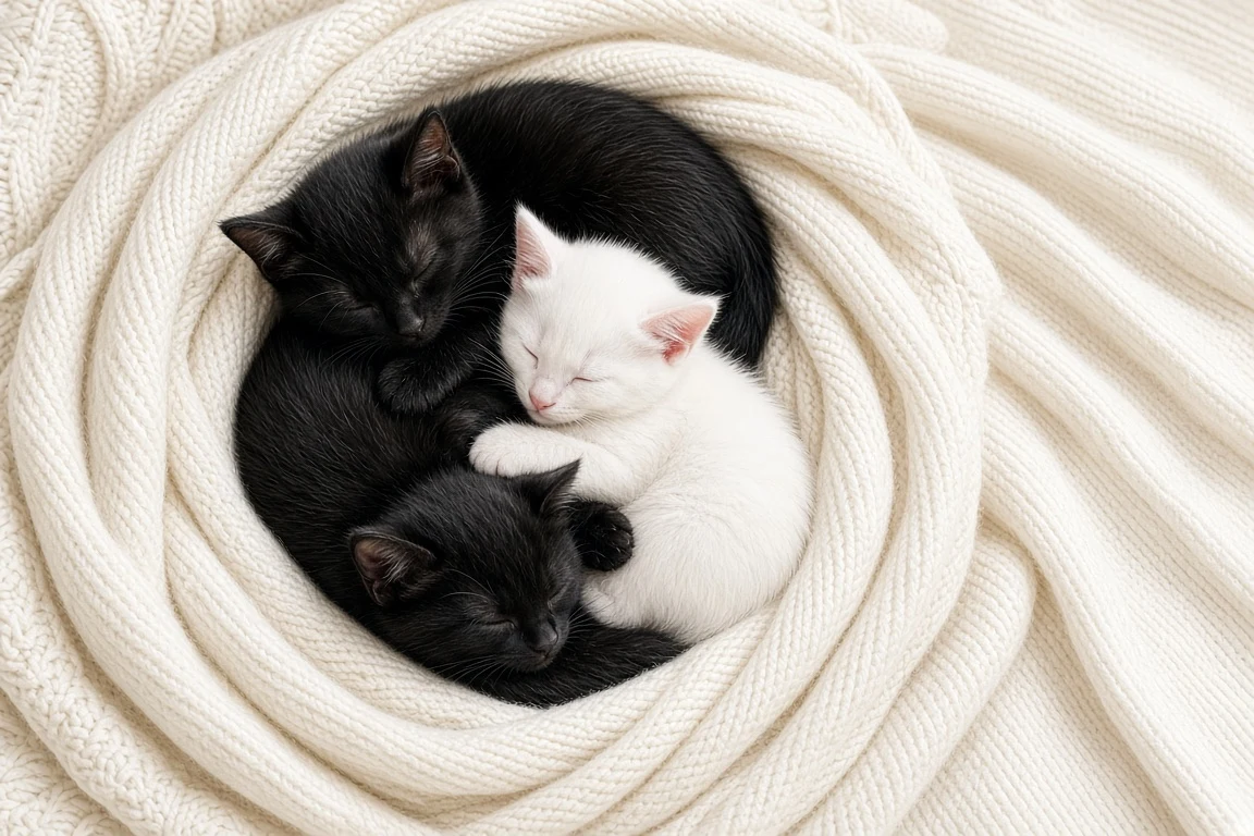 Harmonious Yin-Yang Flat Lay of Monochrome Kittens in Cashmere