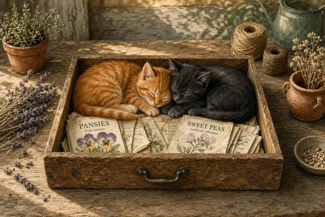 Warm Gouache Painting of Kittens Sleeping in a Seed Drawer