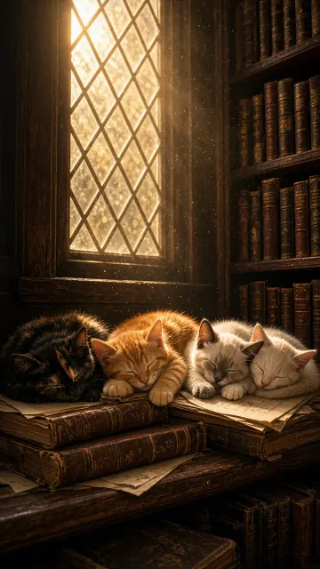 Sunlit Attic Library Window Sill Nap with Antique Books
