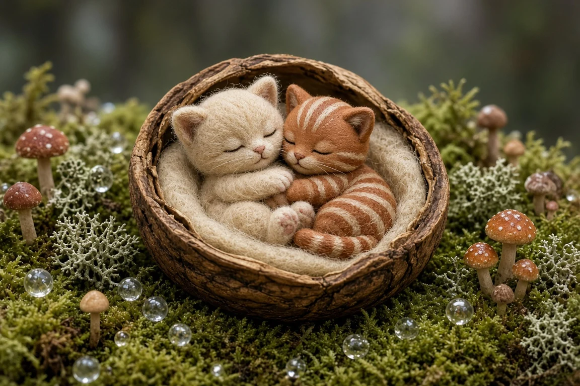 Charming Handcrafted Felt and Clay Diorama of Woodland Kittens